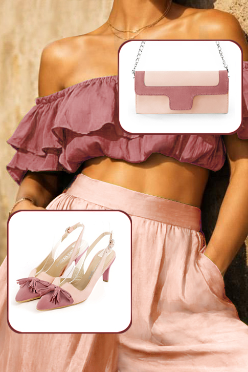 Women's dusty rose pink and powder pink elegant slingback heels, with a bow on the front. Tapered toe. Medium slim heel - Top view